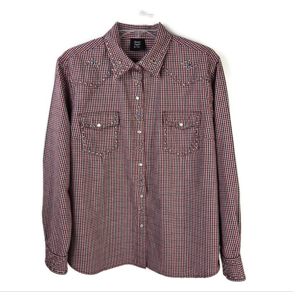Vintage Quizz Again & Co Blue Red Check Studded Long Sleeve Pearl Snap Shirt XL